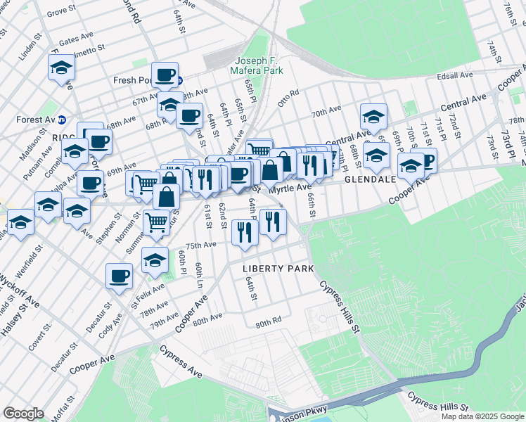 map of restaurants, bars, coffee shops, grocery stores, and more near 74-28 64th Place in Queens