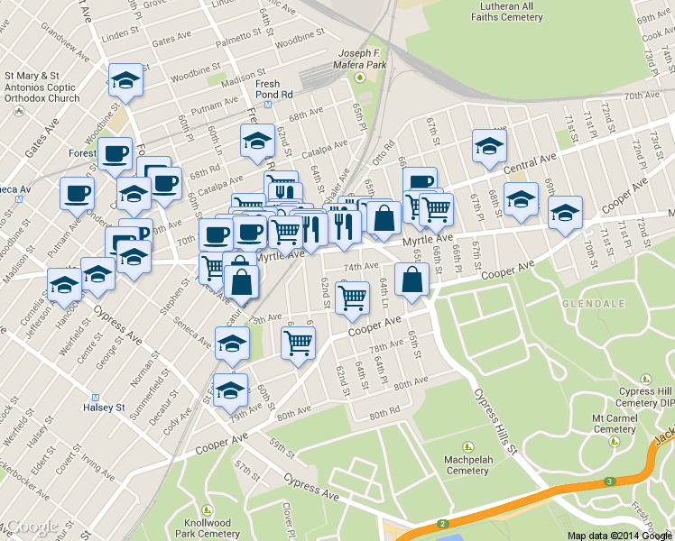 map of restaurants, bars, coffee shops, grocery stores, and more near 74-21 62nd Street in Queens