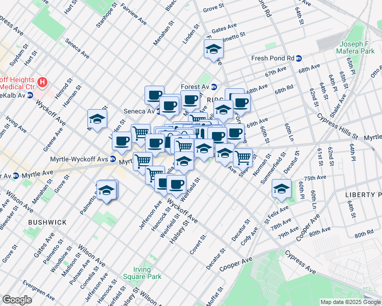 map of restaurants, bars, coffee shops, grocery stores, and more near 879 Cypress Avenue in Queens