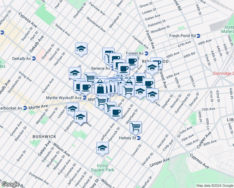 map of restaurants, bars, coffee shops, grocery stores, and more near in Queens
