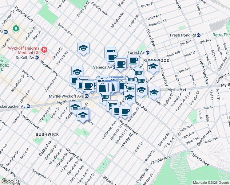 map of restaurants, bars, coffee shops, grocery stores, and more near in Queens