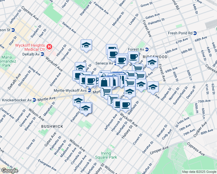 map of restaurants, bars, coffee shops, grocery stores, and more near 16-47 Putnam Avenue in Queens