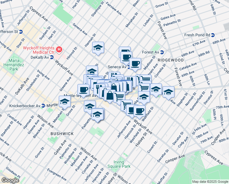 map of restaurants, bars, coffee shops, grocery stores, and more near 54-32 Myrtle Avenue in Queens
