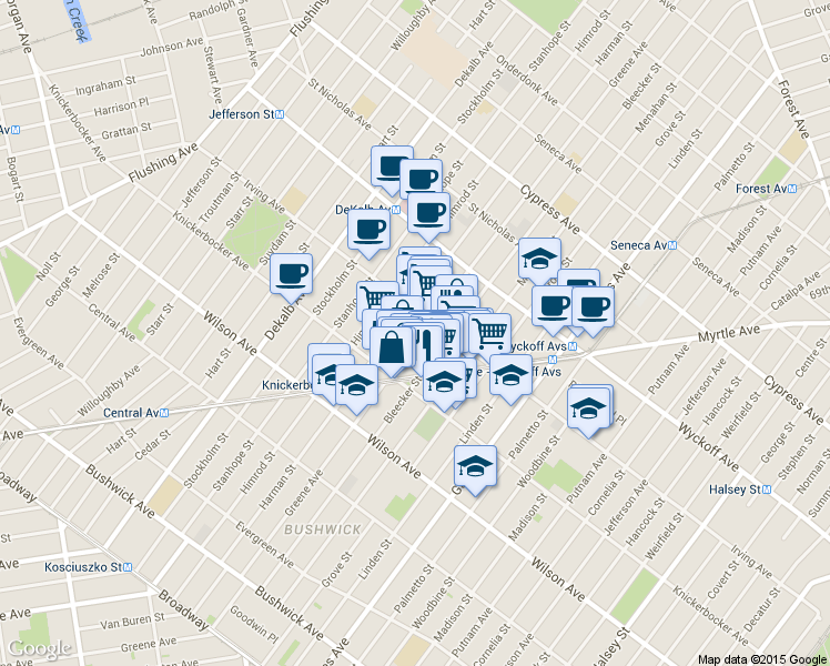 map of restaurants, bars, coffee shops, grocery stores, and more near 275 Bleecker Street in Brooklyn