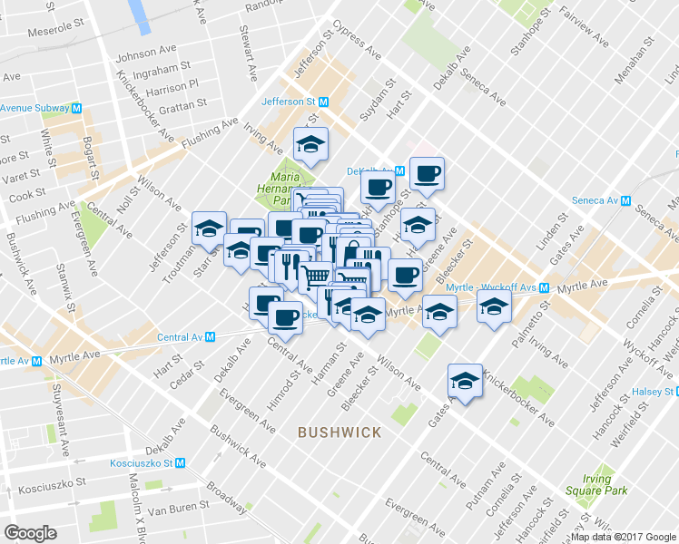 map of restaurants, bars, coffee shops, grocery stores, and more near 180 Stanhope Street in Brooklyn