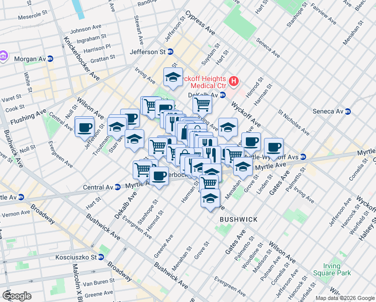 map of restaurants, bars, coffee shops, grocery stores, and more near 180 Stanhope Street in Brooklyn