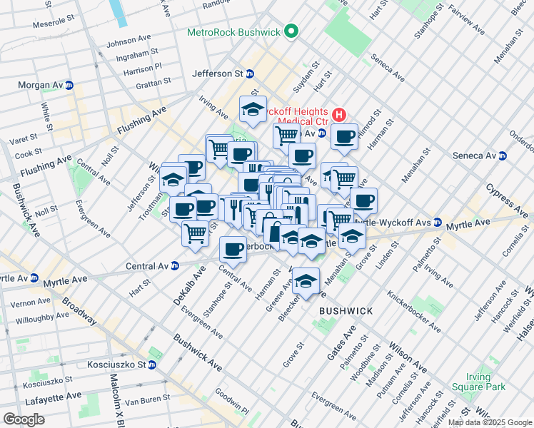 map of restaurants, bars, coffee shops, grocery stores, and more near 180 Stanhope Street in Brooklyn