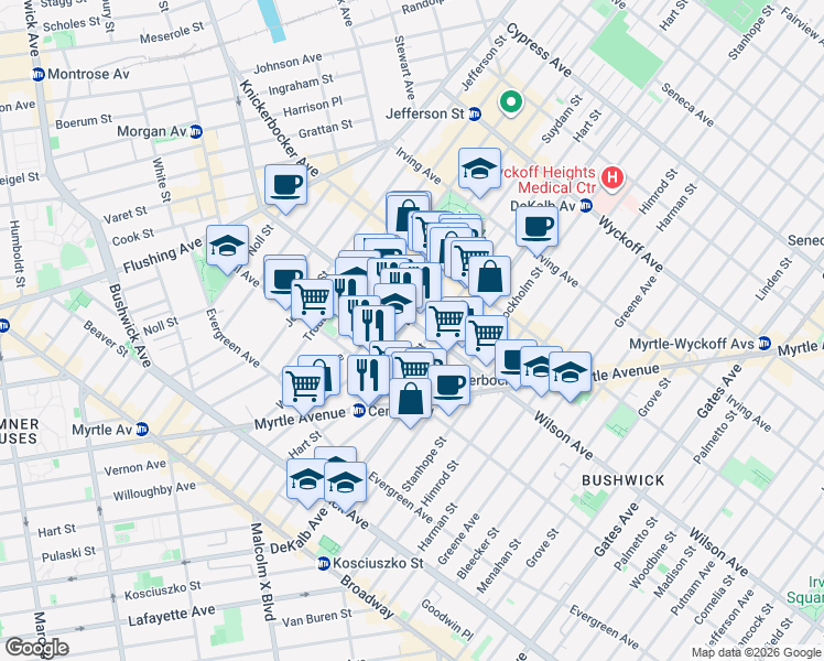 map of restaurants, bars, coffee shops, grocery stores, and more near 172 Suydam Street in Brooklyn