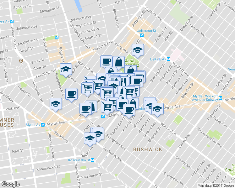 map of restaurants, bars, coffee shops, grocery stores, and more near 172 Suydam Street in Brooklyn