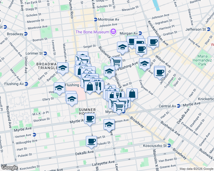 map of restaurants, bars, coffee shops, grocery stores, and more near 24 Park Street in Brooklyn