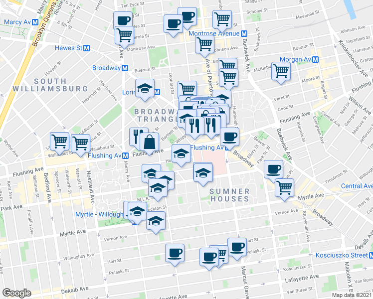map of restaurants, bars, coffee shops, grocery stores, and more near 171 Hopkins Street in Brooklyn
