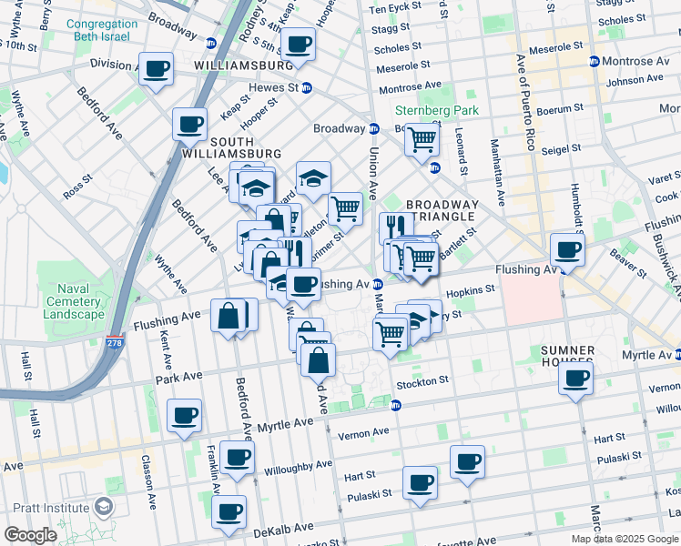 map of restaurants, bars, coffee shops, grocery stores, and more near 579 Flushing Avenue in Brooklyn