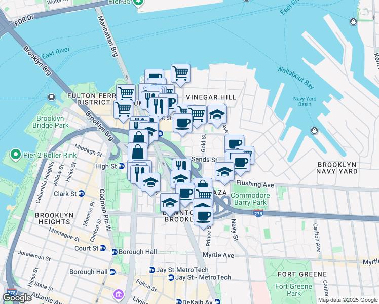 map of restaurants, bars, coffee shops, grocery stores, and more near 180 Sands Street in Brooklyn