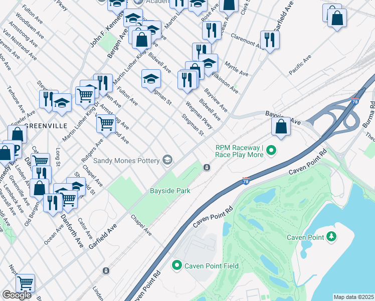 map of restaurants, bars, coffee shops, grocery stores, and more near 538 Garfield Avenue in Jersey City