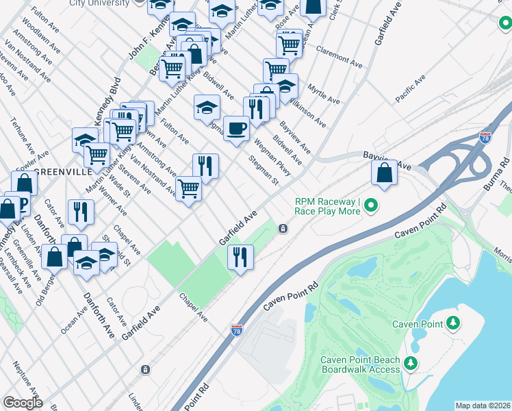 map of restaurants, bars, coffee shops, grocery stores, and more near 538 Garfield Avenue in Jersey City