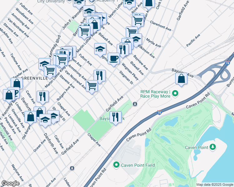 map of restaurants, bars, coffee shops, grocery stores, and more near 538 Garfield Avenue in Jersey City