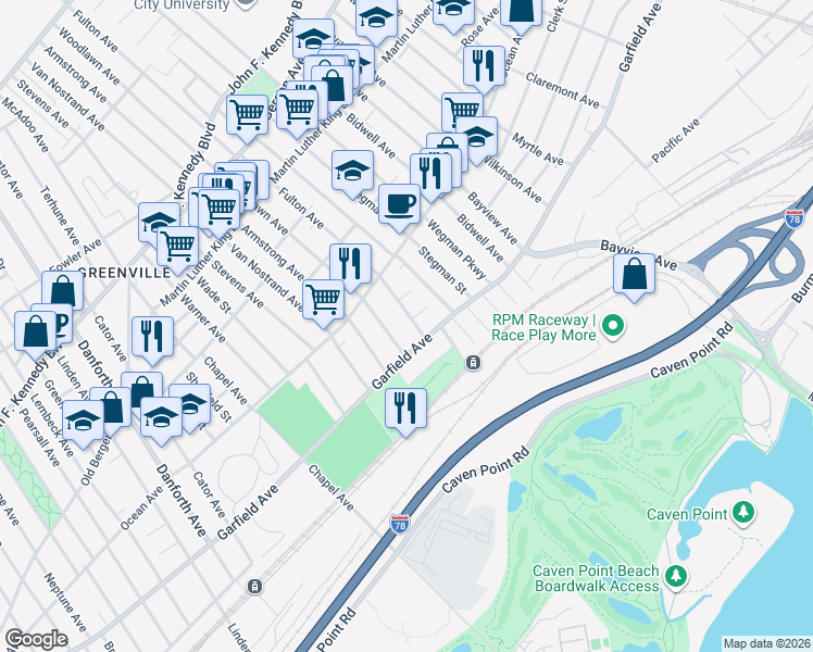 map of restaurants, bars, coffee shops, grocery stores, and more near 13 Woodlawn Avenue in Jersey City