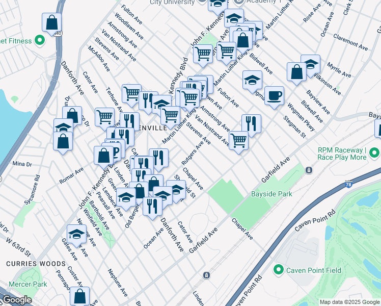 map of restaurants, bars, coffee shops, grocery stores, and more near 48 Warner Avenue in Jersey City