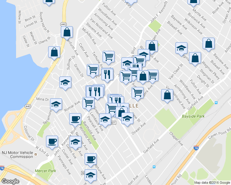 map of restaurants, bars, coffee shops, grocery stores, and more near 277 Old Bergen Road in Jersey City