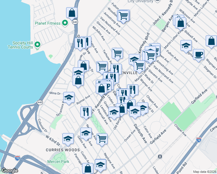 map of restaurants, bars, coffee shops, grocery stores, and more near 1707 John F. Kennedy Boulevard in North Bergen