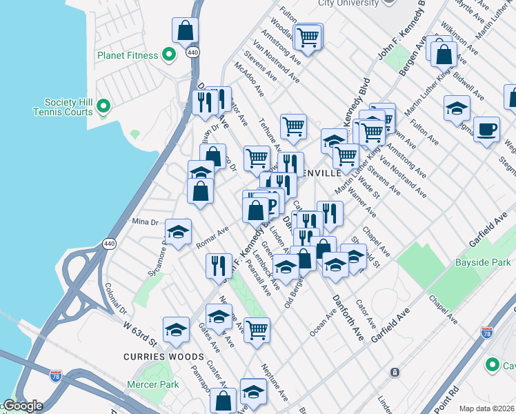map of restaurants, bars, coffee shops, grocery stores, and more near 1707 John F. Kennedy Boulevard in North Bergen