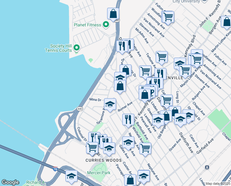 map of restaurants, bars, coffee shops, grocery stores, and more near 330 Winfield Avenue in Jersey City