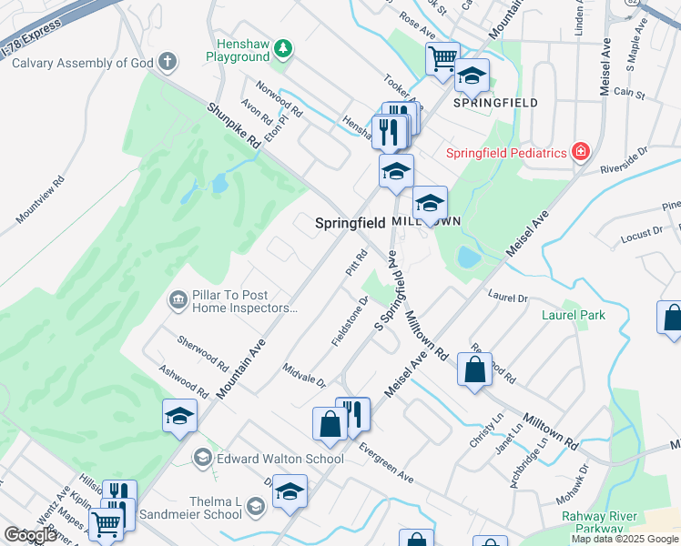 map of restaurants, bars, coffee shops, grocery stores, and more near 6 Litchfield Place in Springfield