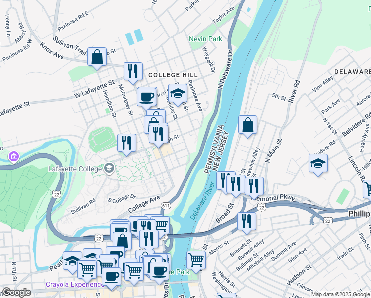 map of restaurants, bars, coffee shops, grocery stores, and more near 329 Clinton Terrace in Easton