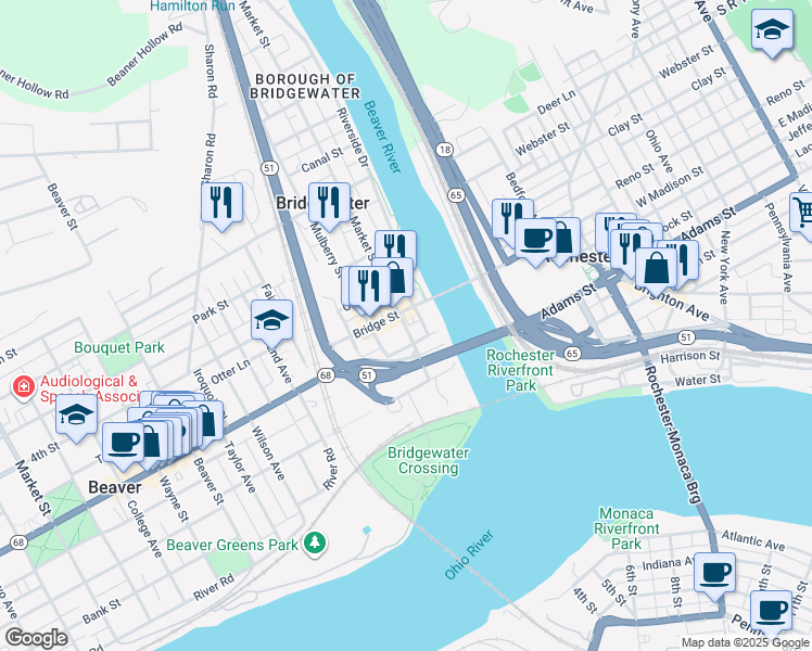 map of restaurants, bars, coffee shops, grocery stores, and more near 401 Market Street in Beaver