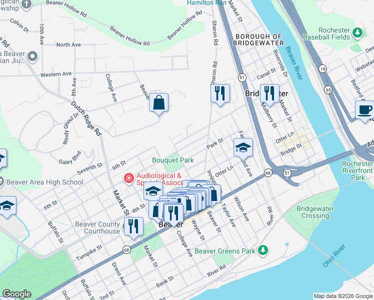 map of restaurants, bars, coffee shops, grocery stores, and more near 468 Beaver Street in Beaver