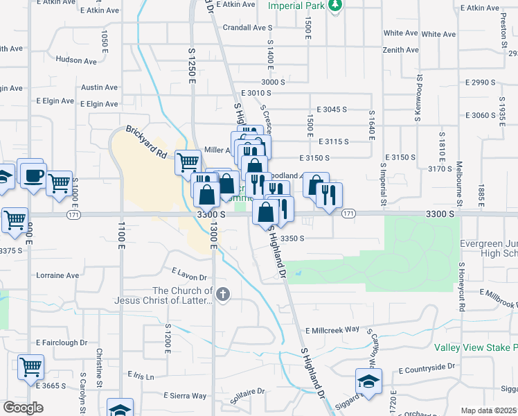 map of restaurants, bars, coffee shops, grocery stores, and more near 1430 3300 South in Salt Lake City