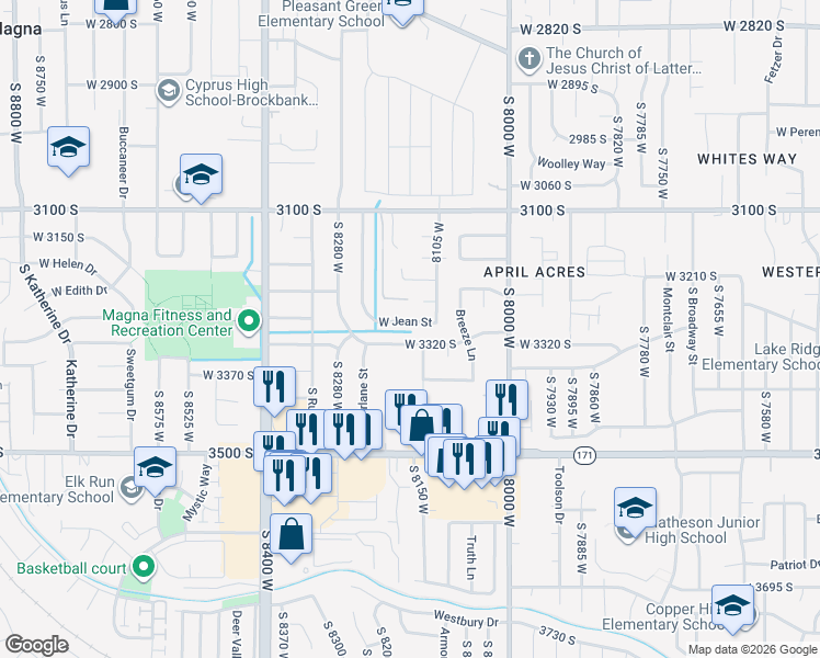 map of restaurants, bars, coffee shops, grocery stores, and more near 3332 South Catalina View Cove in Magna