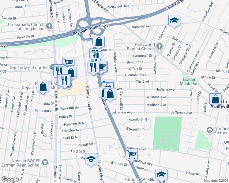 map of restaurants, bars, coffee shops, grocery stores, and more near 8 Williams Avenue in Amityville
