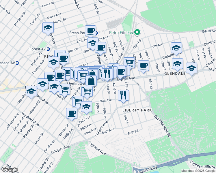map of restaurants, bars, coffee shops, grocery stores, and more near 72-44 61st Street in Queens