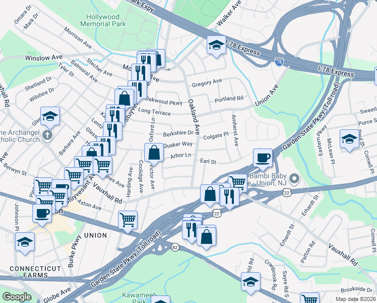 map of restaurants, bars, coffee shops, grocery stores, and more near 1855 Portsmouth Way in Union