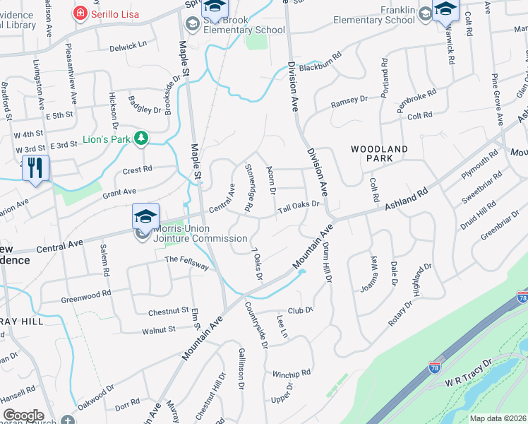 map of restaurants, bars, coffee shops, grocery stores, and more near 78 7 Oaks Drive in Summit
