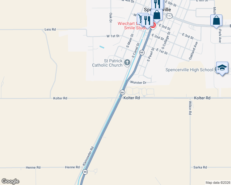 map of restaurants, bars, coffee shops, grocery stores, and more near 13351-13821 Wilshire Rd in Spencerville