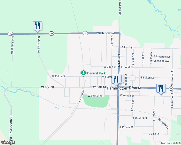 map of restaurants, bars, coffee shops, grocery stores, and more near North Oak Street in Farmington