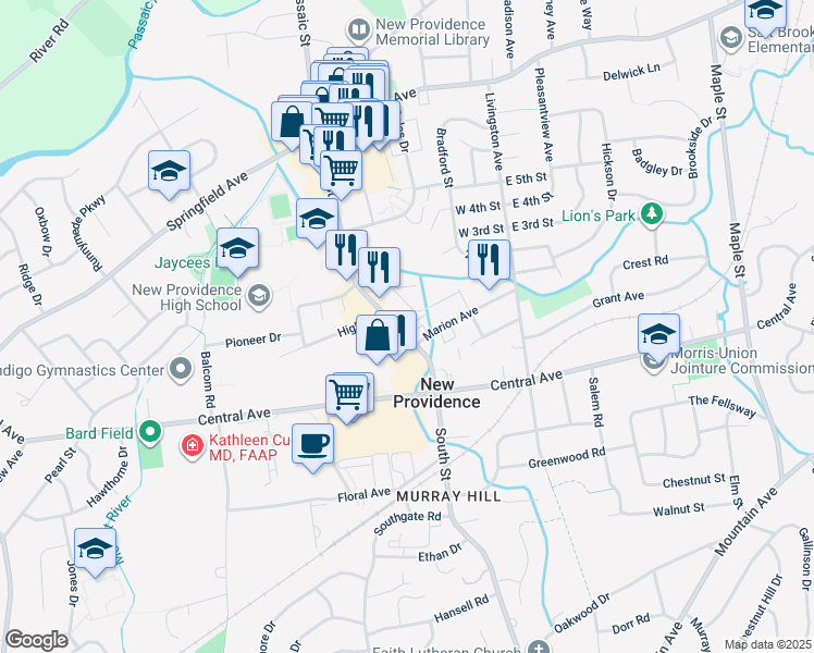 map of restaurants, bars, coffee shops, grocery stores, and more near 219 South Street in New Providence