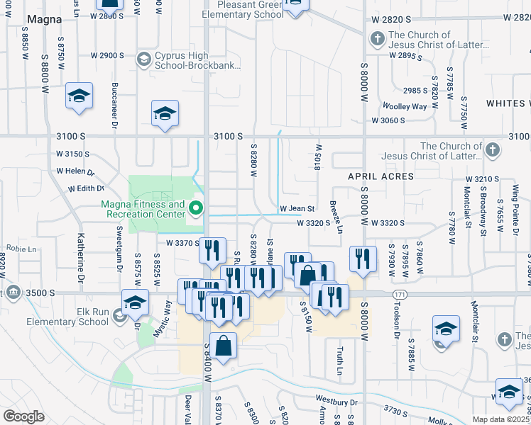 map of restaurants, bars, coffee shops, grocery stores, and more near 3297 South Breeze Drive in Magna
