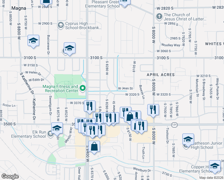 map of restaurants, bars, coffee shops, grocery stores, and more near 3297 South Breeze Drive in Magna