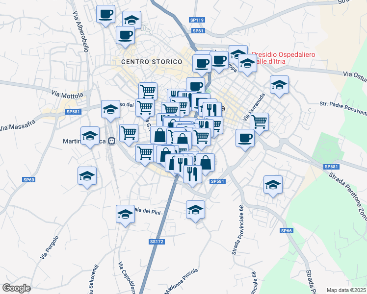 map of restaurants, bars, coffee shops, grocery stores, and more near 25 Via Taranto in Martina Franca