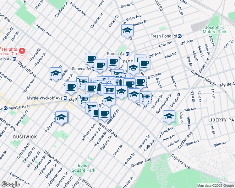 map of restaurants, bars, coffee shops, grocery stores, and more near 879 Cypress Avenue in Queens