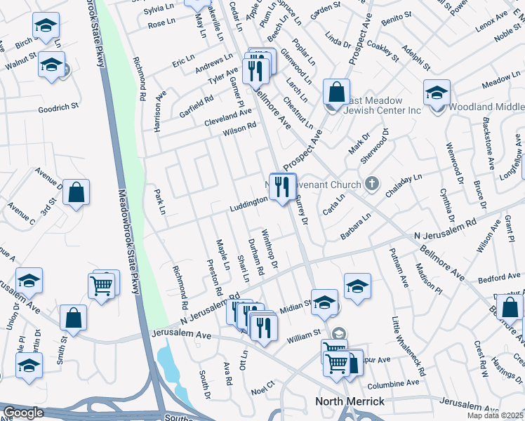 map of restaurants, bars, coffee shops, grocery stores, and more near 857 Winthrop Drive in East Meadow