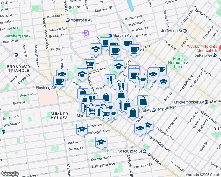 map of restaurants, bars, coffee shops, grocery stores, and more near 107 Melrose Street in Brooklyn