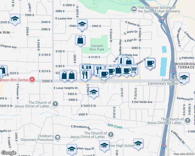 map of restaurants, bars, coffee shops, grocery stores, and more near 3025 East 3300 South in Salt Lake City