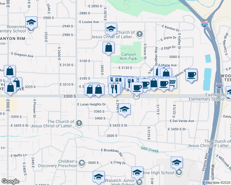 map of restaurants, bars, coffee shops, grocery stores, and more near 2917 East 3300 South in Salt Lake City