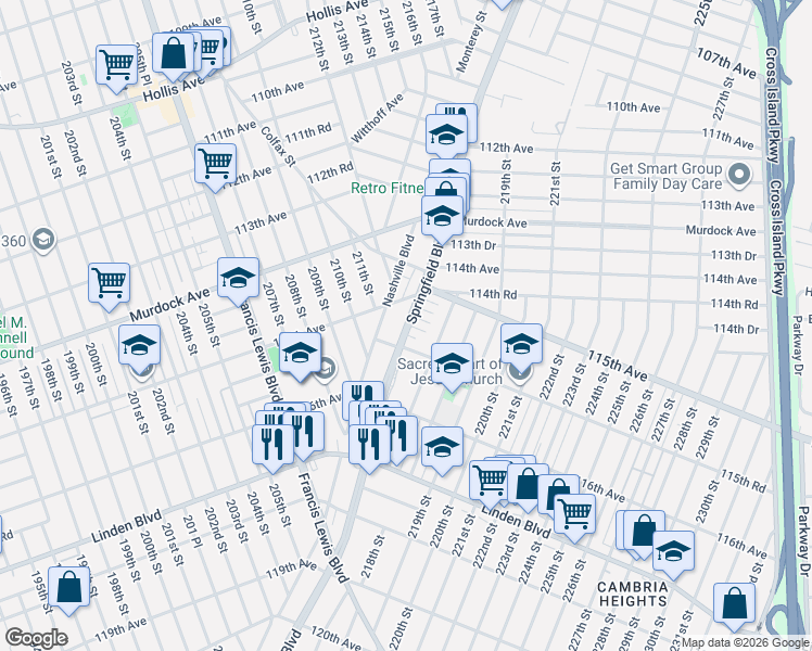 map of restaurants, bars, coffee shops, grocery stores, and more near 216-09 115th Road in Queens