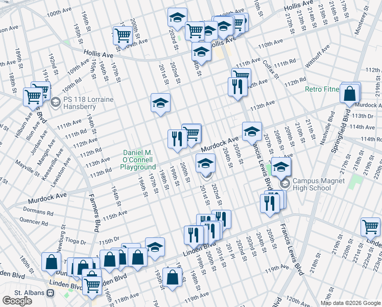 map of restaurants, bars, coffee shops, grocery stores, and more near Murdock Avenue in Queens