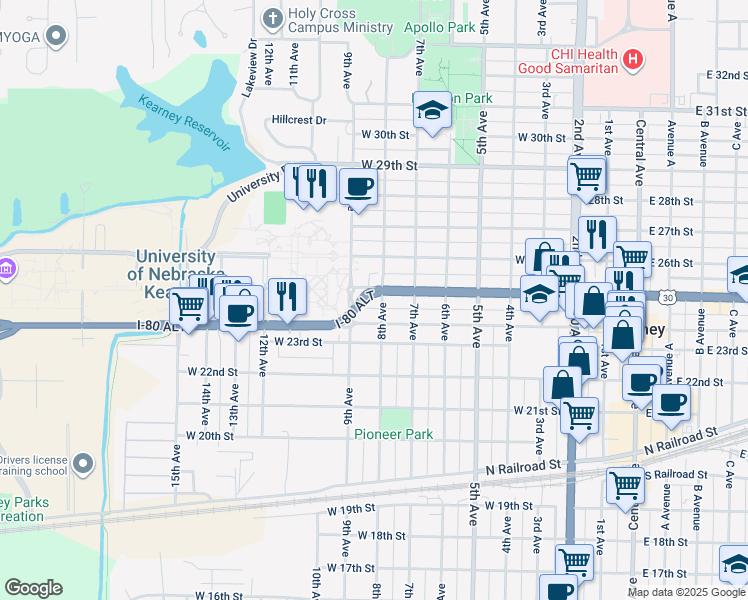 map of restaurants, bars, coffee shops, grocery stores, and more near 2600-2614 8th Ave in Kearney